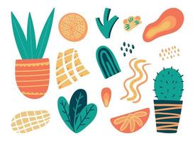 Vector set of isolated abstract cartoon decorative doodle elements. Funny cactus in a pot, spots and lines.