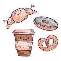 Cute vector doodle illustration. Isolated objects on a white background. Coffee in a plastic cup and pastries, donut, croissant, pretzel. Design elements