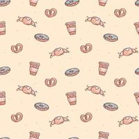 Cute vector doodle seamless pattern. Isolated objects on a light background. Coffee in a plastic cup and pastries, donut, croissant, pretzel. Background decoration.