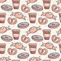 Cute vector doodle seamless pattern. Isolated objects on a light background. Coffee in a plastic cup and pastries, donut, croissant, pretzel. Background decoration.