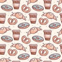 Cute vector doodle seamless pattern. Isolated objects on a light background. Coffee in a plastic cup and pastries, donut, croissant, pretzel. Background decoration.