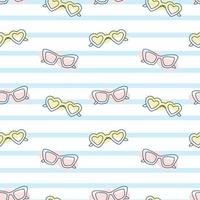 Background with horizontal lines or stripes and multicolored cartoon sunglasses. Simple vector seamless summer pattern.