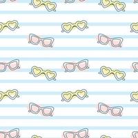 Background with horizontal lines or stripes and multicolored cartoon sunglasses. Simple vector seamless summer pattern.