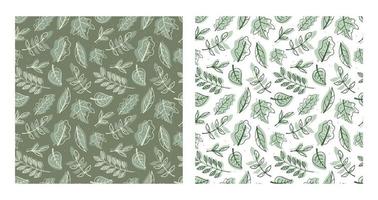 Vector modern seamless pattern. Doodle images and flat icons with twigs and leaves. Wrapping paper and background decoration. Two color options.