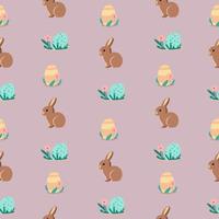 Cute seamless Easter pattern with easter bunny and easter eggs. vector