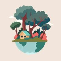 Earth day concept. Earth and house in the wood. vector