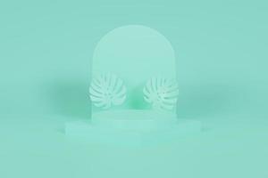 abstract geometric shape podium for product display with monstera leaf on green background 3d rendering photo