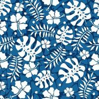 Hawaiian seamless pattern with hibiscus flowers and monstera leaves pattern vector