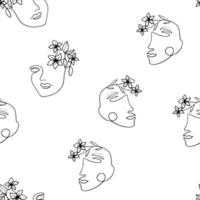 Line, face and flowers drawing, minimalist female beauty, vector