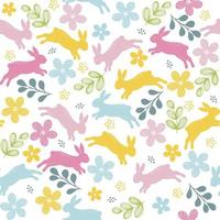 Rabbits and spring flowers vector seamless pattern on white background for kids - for fabric, wrapping, textile, wallpaper, background.
