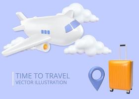 Time to travel. 3d render of the plane. Realistic airplane , clouds and suitcase vector