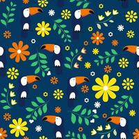 Seamless summer pattern with jungle bird, flower, leaves. Tropical toucan texture. vector