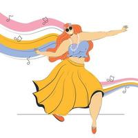 Young hippie woman in a skirt and top is dancing on the background of iridescent waves of sound vector