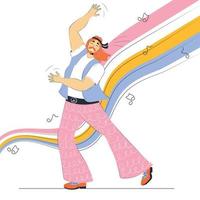 young hippie man in a vest and flared trousers dances against the backdrop of iridescent waves of sound vector