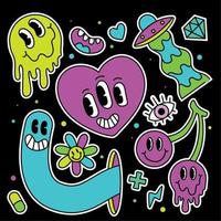 Colored group of groovy emotes and icons Psychodelic heart Vector illustration