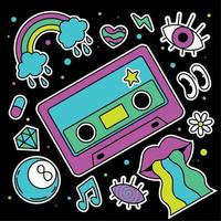 Colored group of groovy emotes and icons Retro cassette Vector illustration