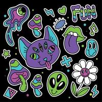 Colored group of groovy emotes and icons Abstract cat Vector illustration