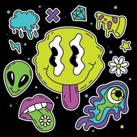 Colored group of groovy emotes and icons Melting face Vector illustration