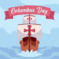 Front view of a wooden caravel Columbus day poster Vector illustration