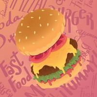 Isolated cheeseburger with tomato and lettuce colorful sketch Vector