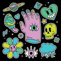 Colored group of groovy emotes and icons Hand with eye Vector illustration