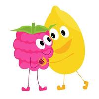 Friendly hug concept. Sweet raspberry berry in the arms of a lemon. Illustration on the topic of making fruit juices, smoothies, ice cream, raspberry and lemon sweets vector