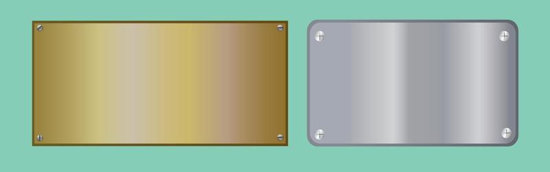 Banners of polished metal plates with screws. Polished metal background with metal texture on a green background. Yellow, gold, bronze and grey metal background for your design