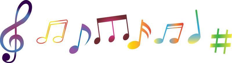 Colourful music note symbols of different color pink, red, orange, yellow, green, blue, cyan, purple, violet. Hand painted watercolour sketch, isolated clipart elements for design, pattern, stickers.