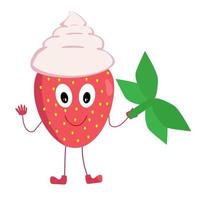 Live strawberry berry with whipped cream on the head. The concept of serving the composition of the strawberry-cream product vector