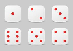 Dice sides, dice faces icon set in flat style design with shadow effect, isolated on grey background. White six sided dice with red dots. vector