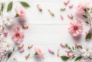 primavera flores rosado flores en blanco de madera antecedentes foto