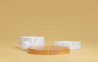 Podium 3D on brown backdrop.Product display presentation.Abstract scene yellow background.wooden stand.Pedestal product Minimal scene.Geometric platform show cosmetic product, mockup,Marble.3D render photo