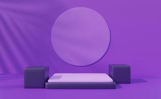 Podium 3D on purple backdrop.Product display presentation.Abstract scene leaf shadow background.square stand.Pedestal product Minimal scene.Geometric platform show cosmetic product, mockup.3D render photo