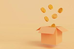 Open isolated box with coins coming out on yellow background.Symbol of goals in investing.savings and business.money management.Saving and money growth concept.Dollar.Money box.Open box.3D rendering photo