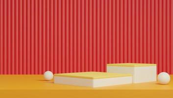 Podium 3D on red backdrop.Product display presentation.Abstract scene yellow background.Square stand.Pedestal product on Minimal scene.Geometric platform show cosmetic product,mockup.3D rendering photo
