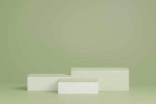 Podium 3D on green backdrop.Product display presentation.Abstract scene background.Realistic square stand.Pedestal product on Minimal scene.Geometric platform show cosmetic product.3D rendering photo