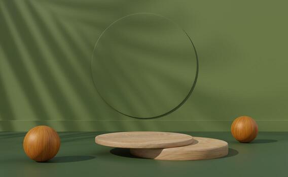 Podium 3D on green backdrop.Product display presentation.Abstract scene background.Realistic circle wooden stand.Pedestal product on Minimal scene.Geometric platform show cosmetic product.3D render photo