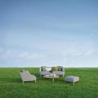 Sofa armchair and table in green meadow grass with blue sky background.3d rendering photo