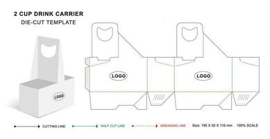 Two cup drinks carrier box die cut template, Disposable cardboard drink holder coffee vector