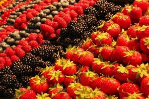 Assortment of summer fresh organic berries on market. Local farmers produce. Autumn harvest. Horticulture industry. Healthy eating concept. Agriculture business photo