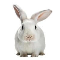 frente ver de linda bebé blanco Conejo en blanco fondo, blanco Conejo retrato mirando de frente a espectador. foto