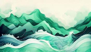 Watercolor textured waves green pastel color wavy background photo