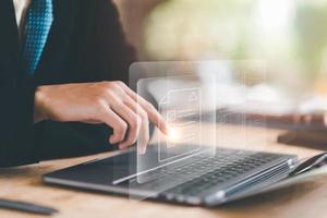 Businessman checking the steps through a virtual online document with a list of checkboxes Concepts of practices and policies, company articles of association Terms and Conditions photo