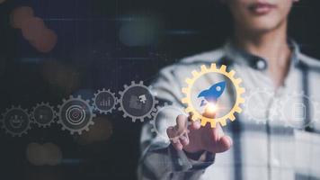 New business startups for young entrepreneurs, new business development ideas, creativity to bring technology to the next level, innovative solutions to new problems, brainstorming for future visions photo