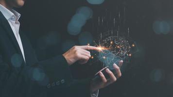 a man and virtual icon,modern cyberspace network technology concept,to communicate and connect information through a global society,innovative and scientific ideas,working through high speed internet photo