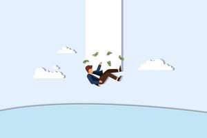 Business and financial crisis vector concept with businessman falling down the hole. Symbol of market crash, recession, risk, bankruptcy and loss. paper cut style
