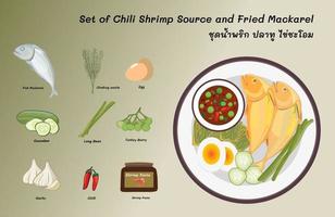 Set of chili shrimp source and fried mackarel one of famous Thai food, it is traditional Thai food with many combination kind of side order things. vector