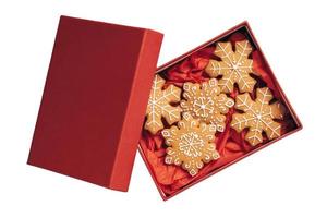 6500 Red box with christmas cookies isolated on a transparent background photo