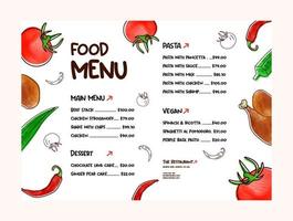 Food menu template with watercolor vegetable drawing vector illustration