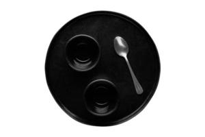 1817 Black plate, cups and silver spoon isolated on a transparent background photo